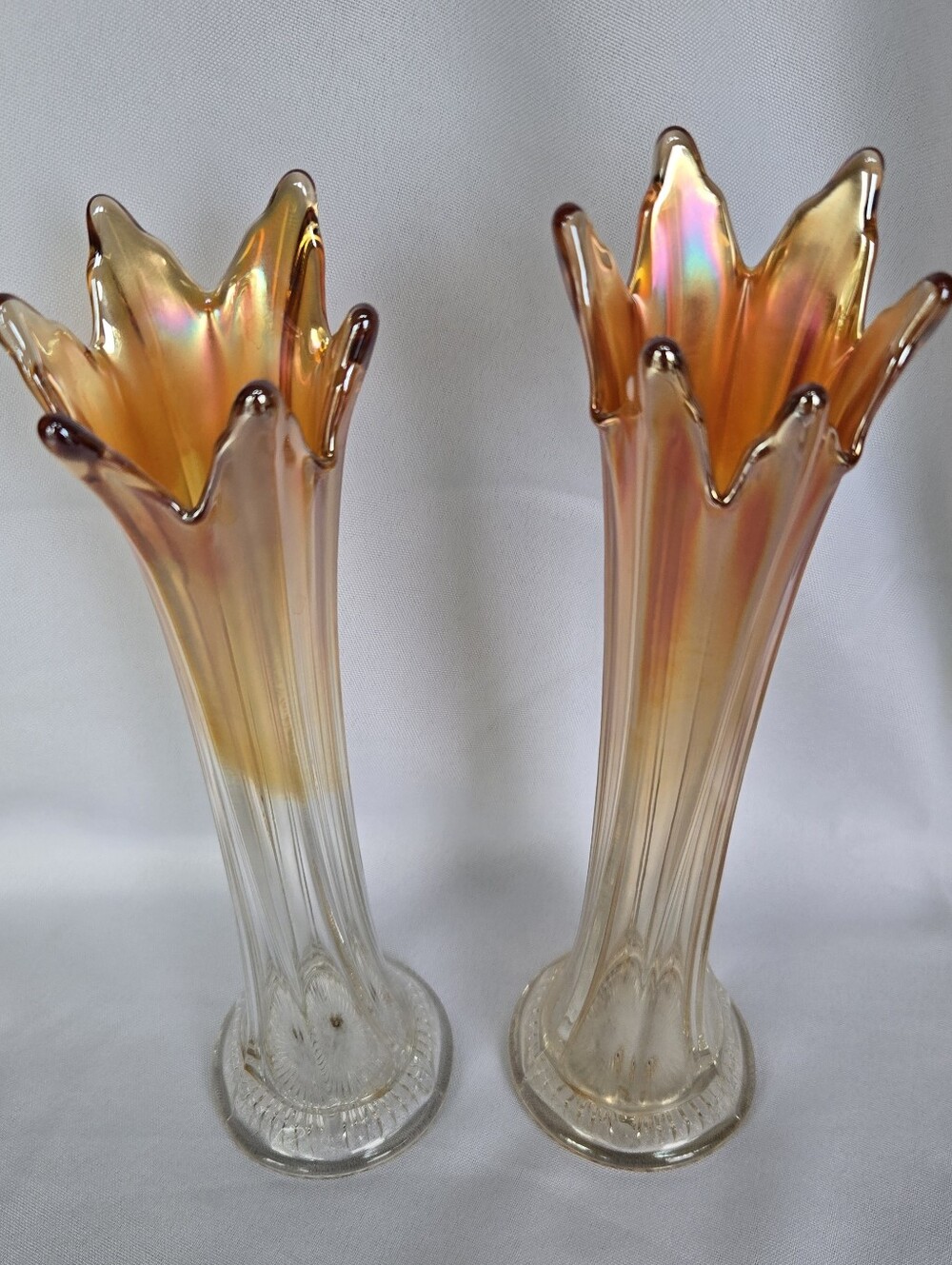 Vintage Marigold Carnival Glass Swung Vases Pair Star Crimp Rib